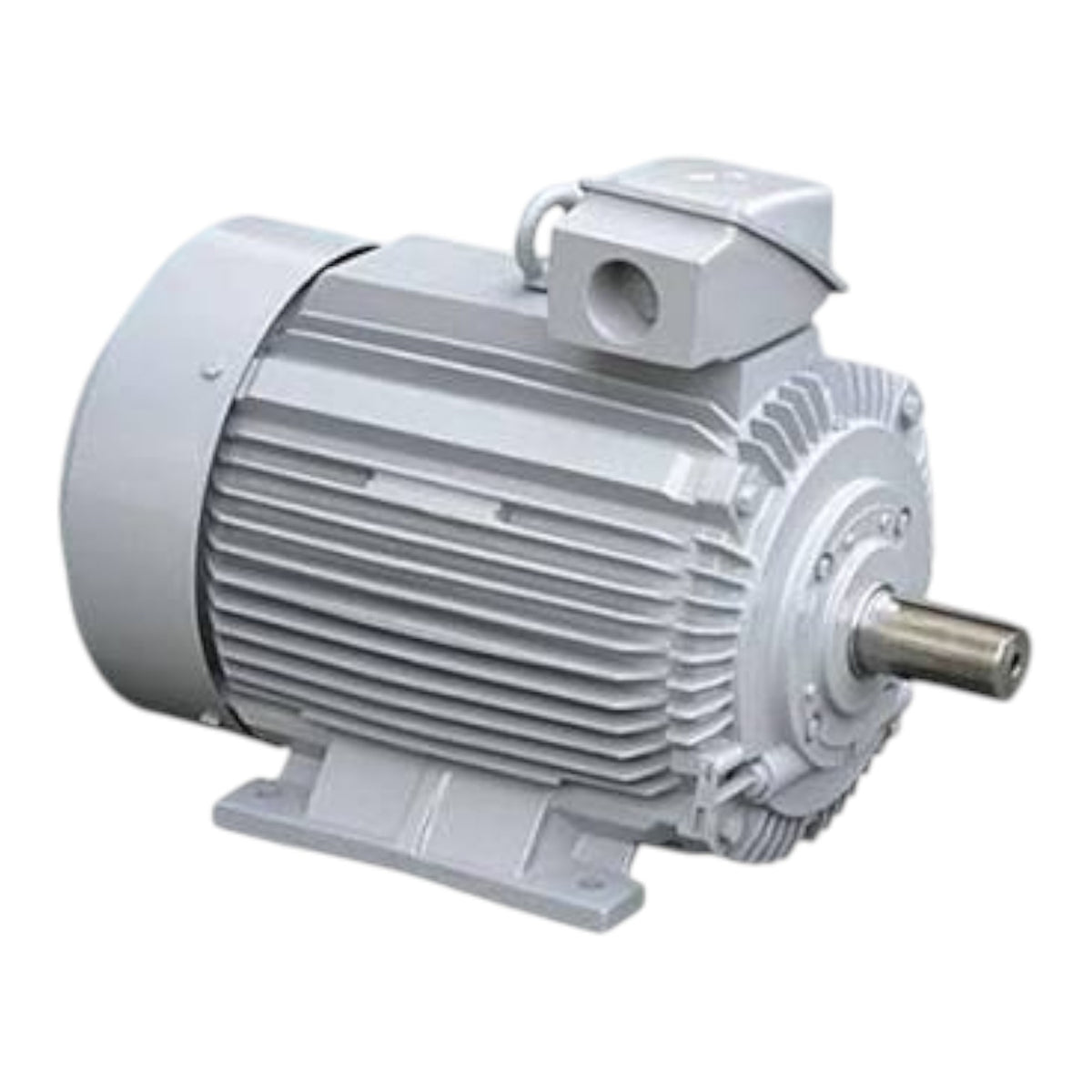 A gray industrial electric motor with a ribbed metal housing, mounting base, and metal output shaft, shown on a plain white background.