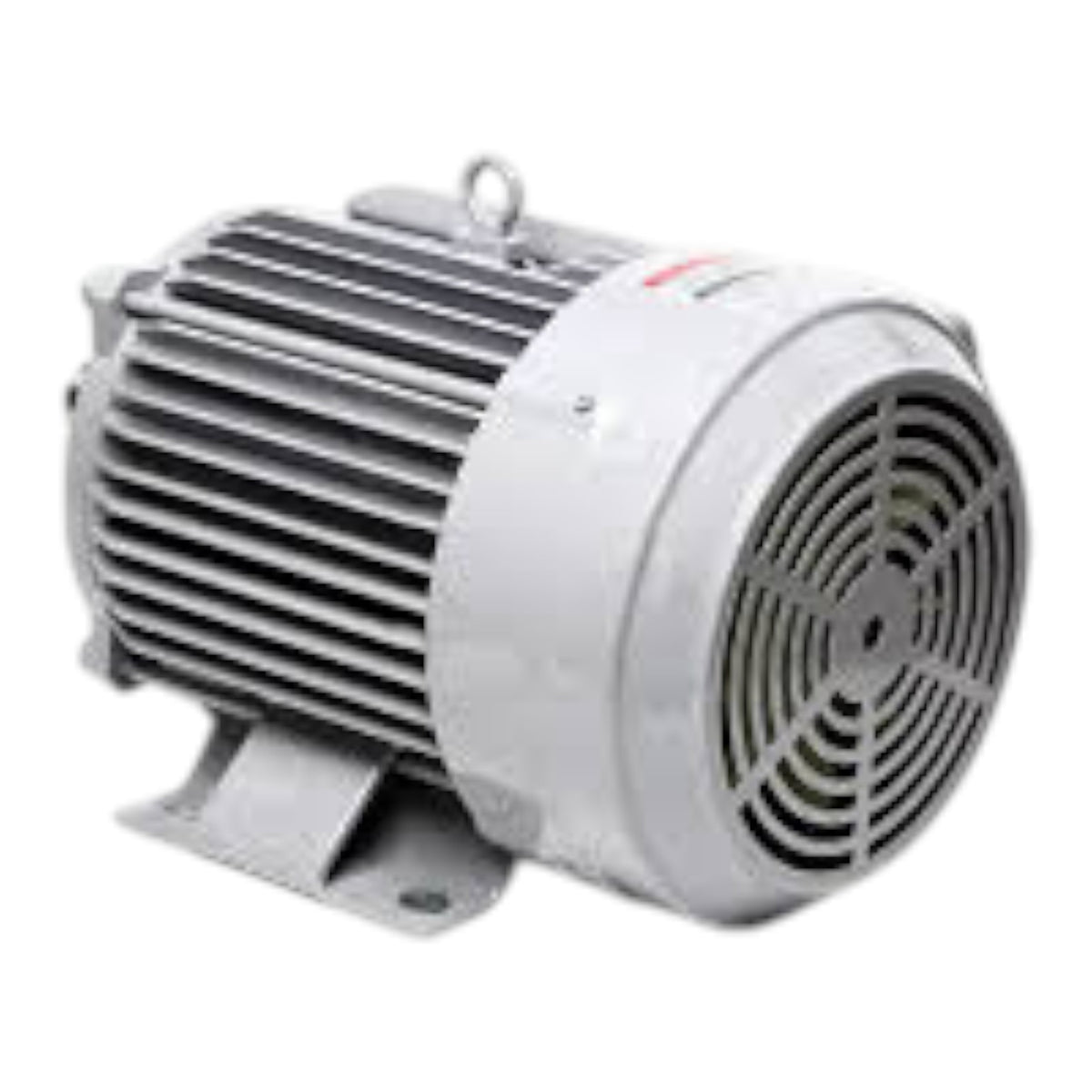 A gray industrial electric motor with a ribbed metal housing, mounting bracket, and circular fan grille on the output end, shown on a plain white background.