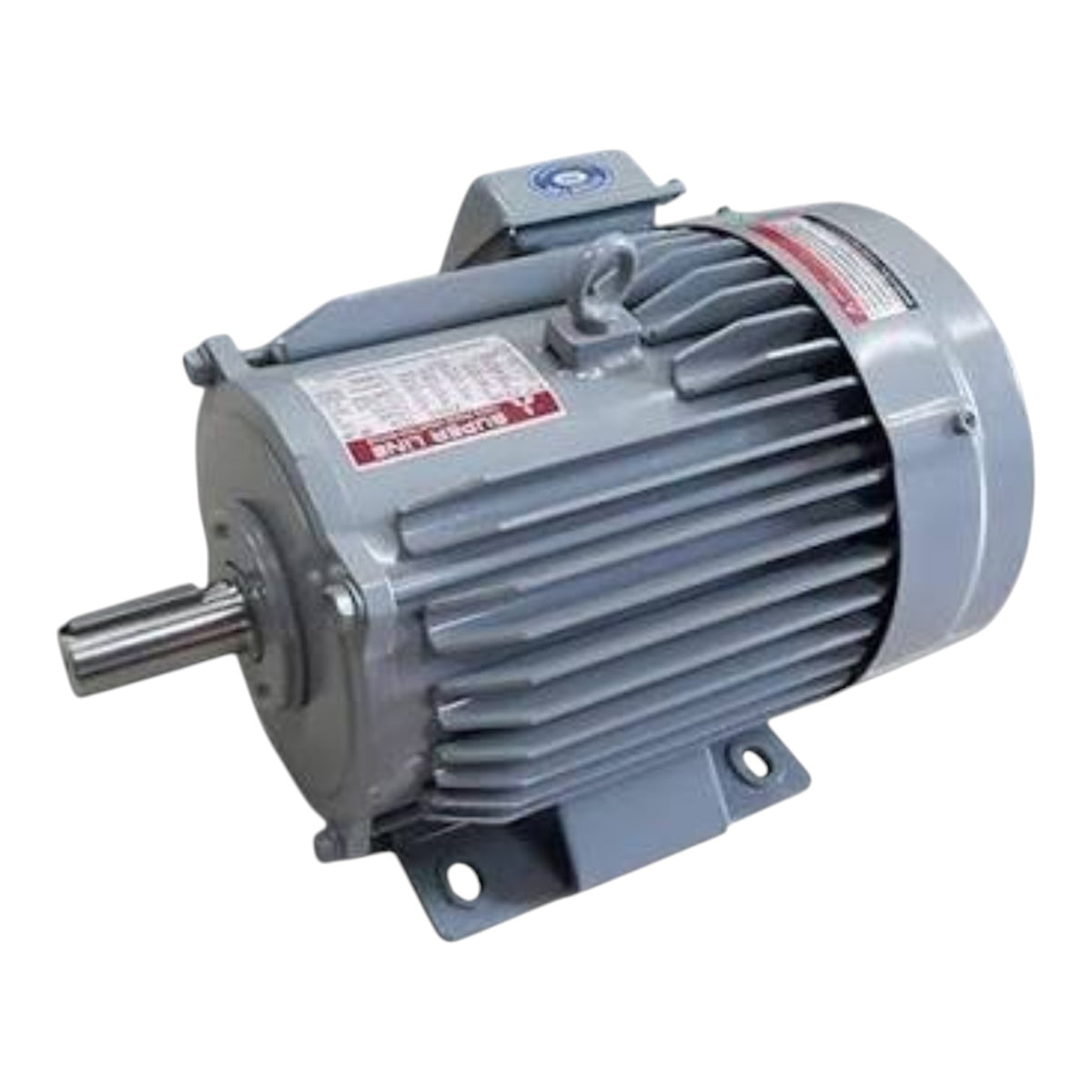 A gray industrial electric motor with a ribbed metal housing, a protruding shaft on the left, mounting brackets on the ends, and warning labels on the side, photographed on a plain white background.