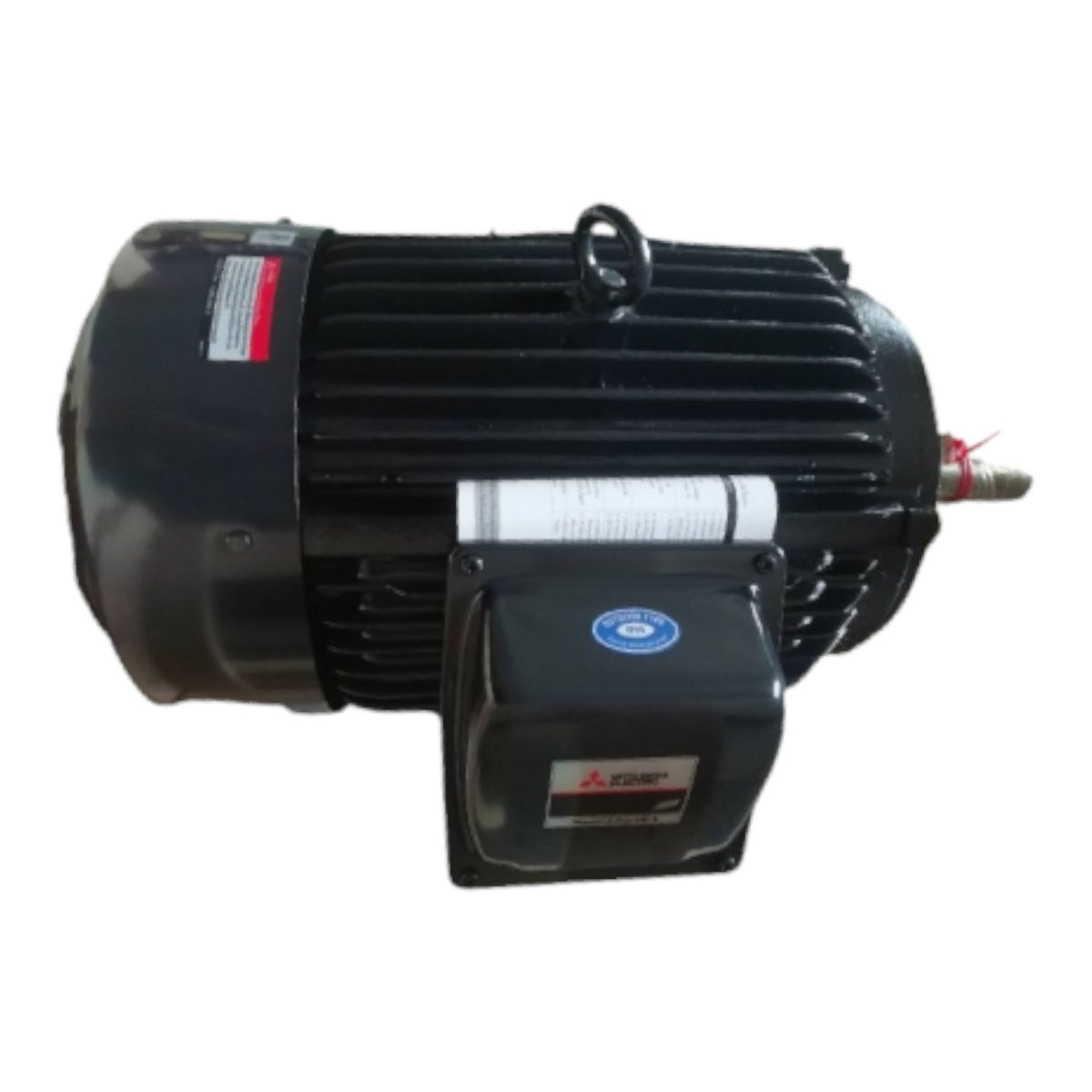 A black Mitsubishi electric motor with a ribbed metal housing, a black terminal box, and a small metal shaft extension, shown against a plain white background.