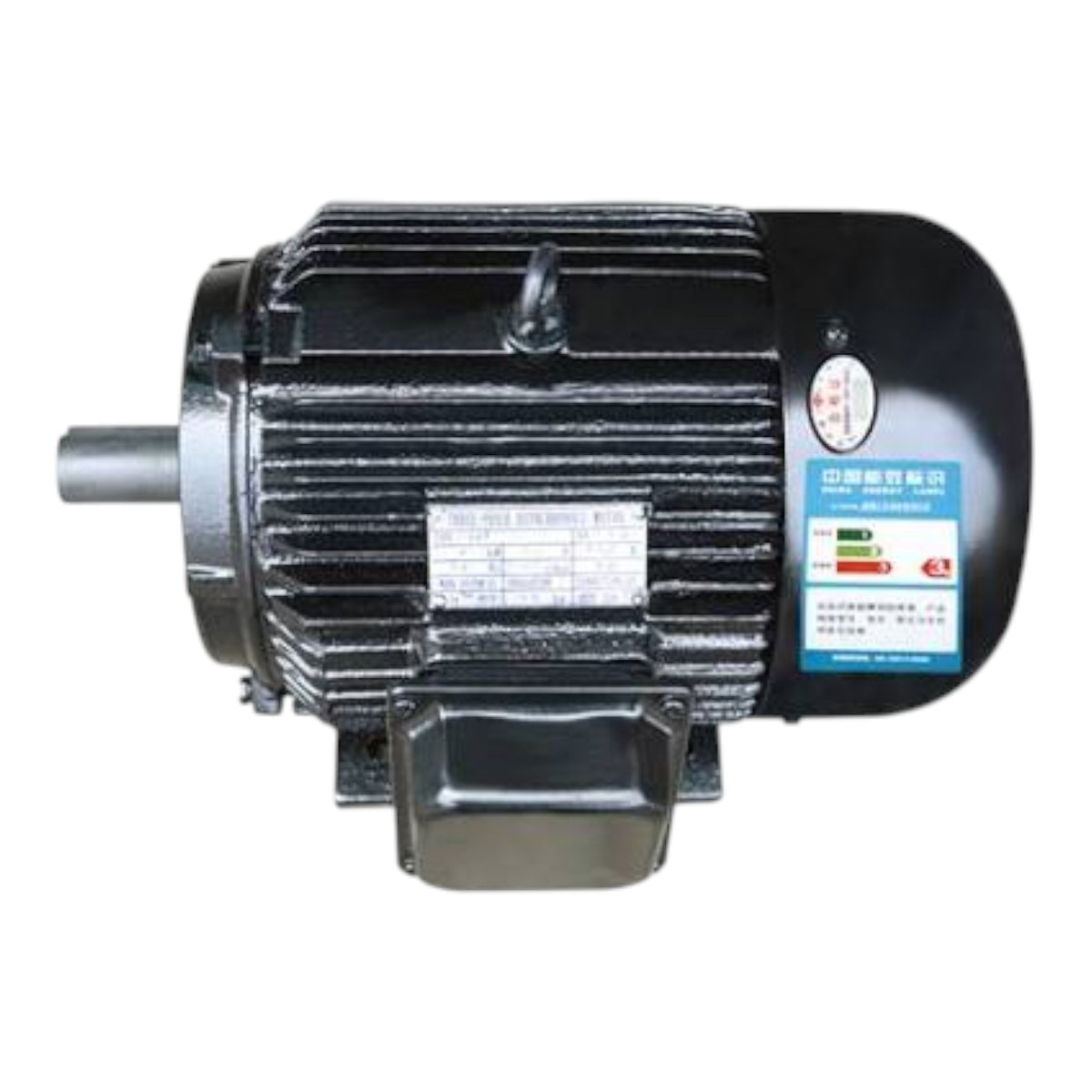 A heavy-duty industrial electric motor with a ribbed black metal body, a silver metal shaft on the left, and a black end cap on the right featuring a blue and white sticker.