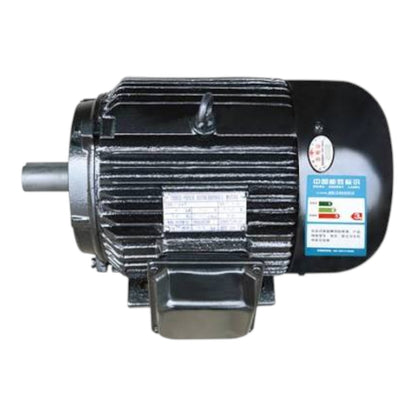 A heavy-duty industrial electric motor with a ribbed black metal body, a silver metal shaft on the left, and a black end cap on the right featuring a blue and white sticker.