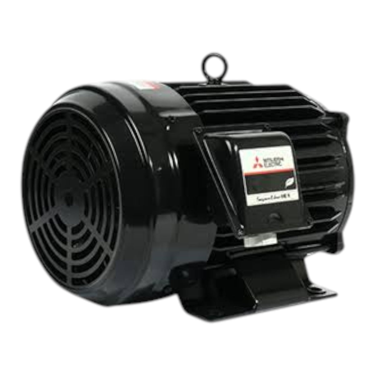 A black Mitsubishi electric motor with a ribbed housing, a front-mounted fan shroud, and a mounting bracket, shown on a plain white background.