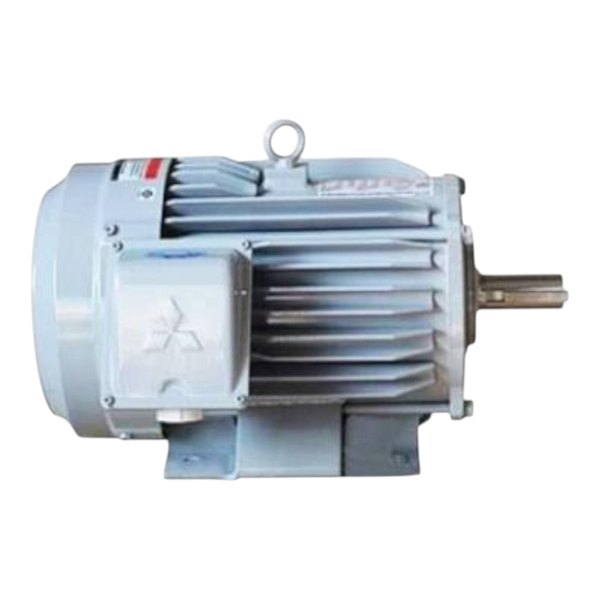 A Mitsubishi electric motor with a ribbed metal housing, a protective cover on the front, and a metal shaft extending from the right side, shown against a plain white background.