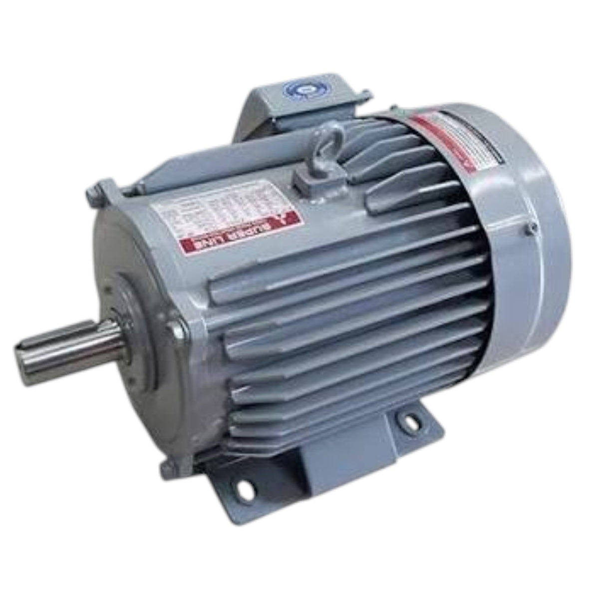 A gray industrial electric motor with a ribbed metal housing, a protruding shaft on the left, mounting brackets on the bottom and top, and red-and-white specification labels on the side, photographed on a plain white background.