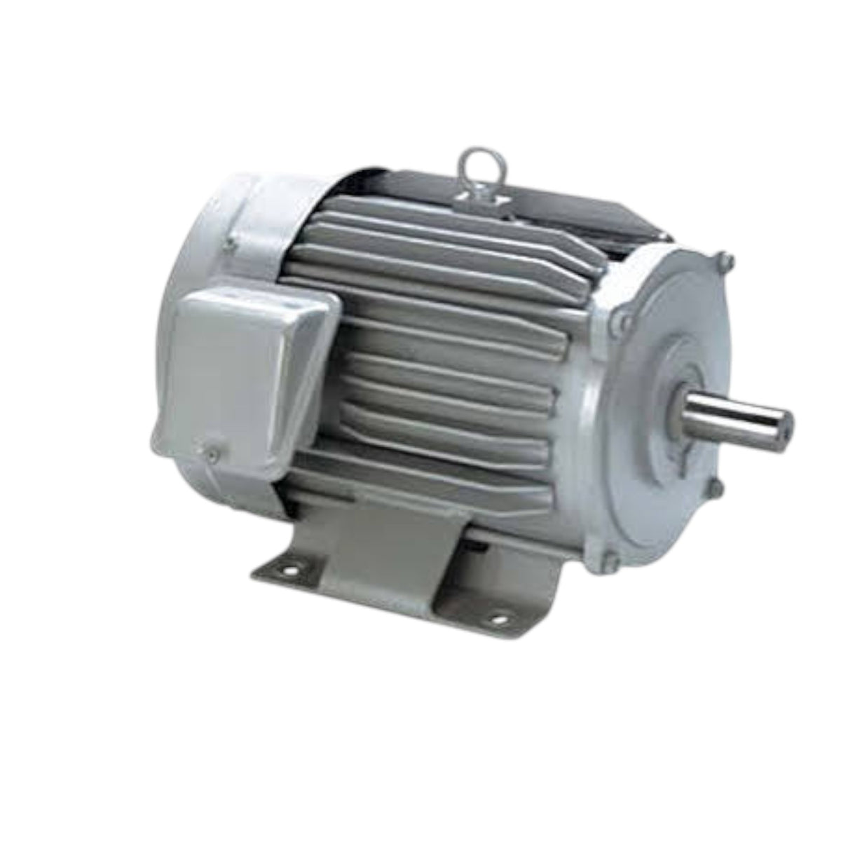 An industrial electric motor with a ribbed aluminum body, metal mounting brackets, and a protruding shaft, shown on a plain white background.