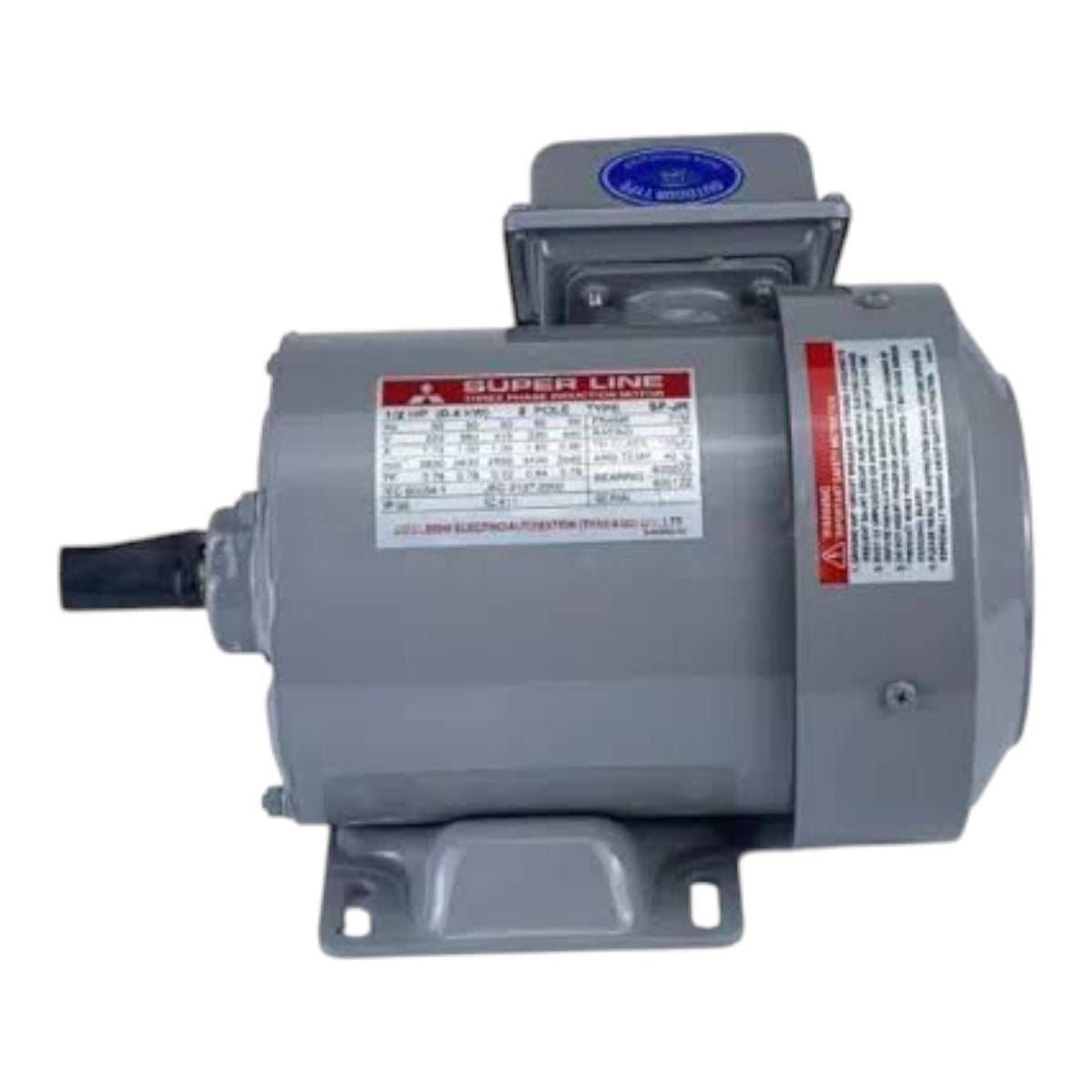 A gray industrial electric motor with mounting brackets, a black shaft, and warning labels on a white background.
