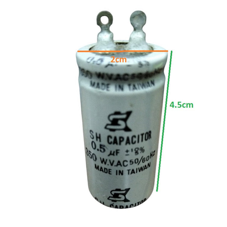 350V AC Motor Running Capacitor in white with specifications and dimensions visible