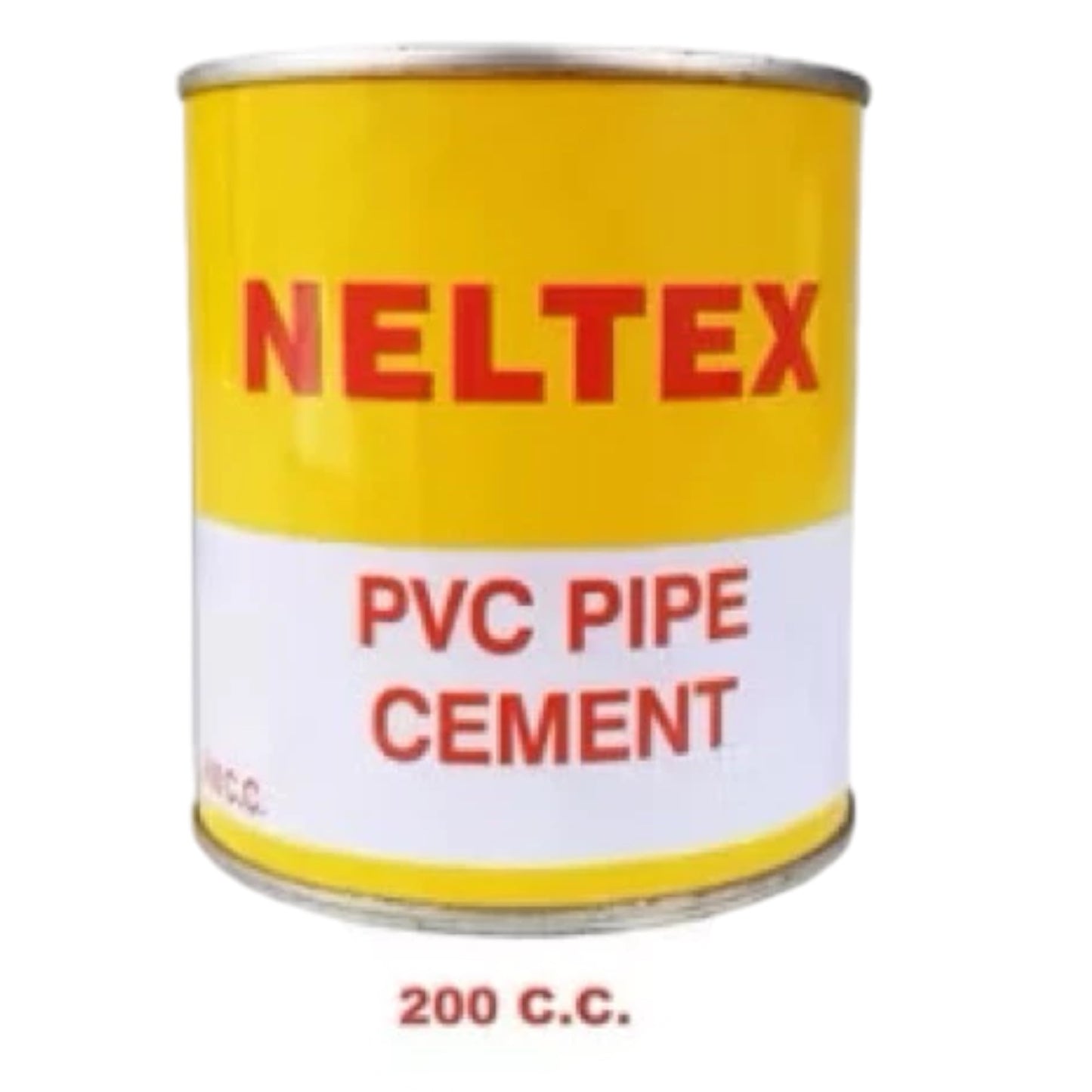A yellow and white metal can of Neltex PVC Pipe Cement with red lettering, shown on a plain white background with '200 C.C.