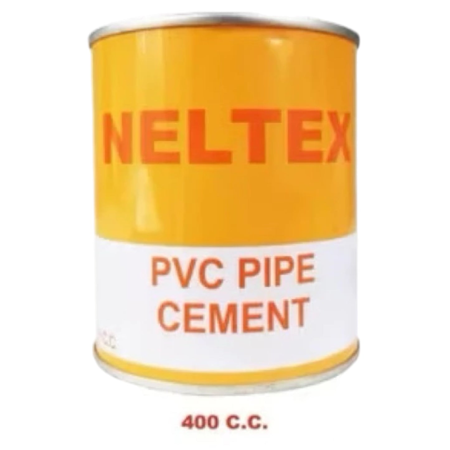 A yellow and white can of Neltex PVC Pipe Cement, 400 C.C., shown against a plain white background.