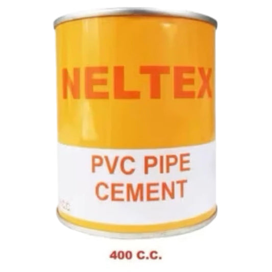 A yellow and white can of Neltex PVC Pipe Cement, 400 C.C., shown against a plain white background.