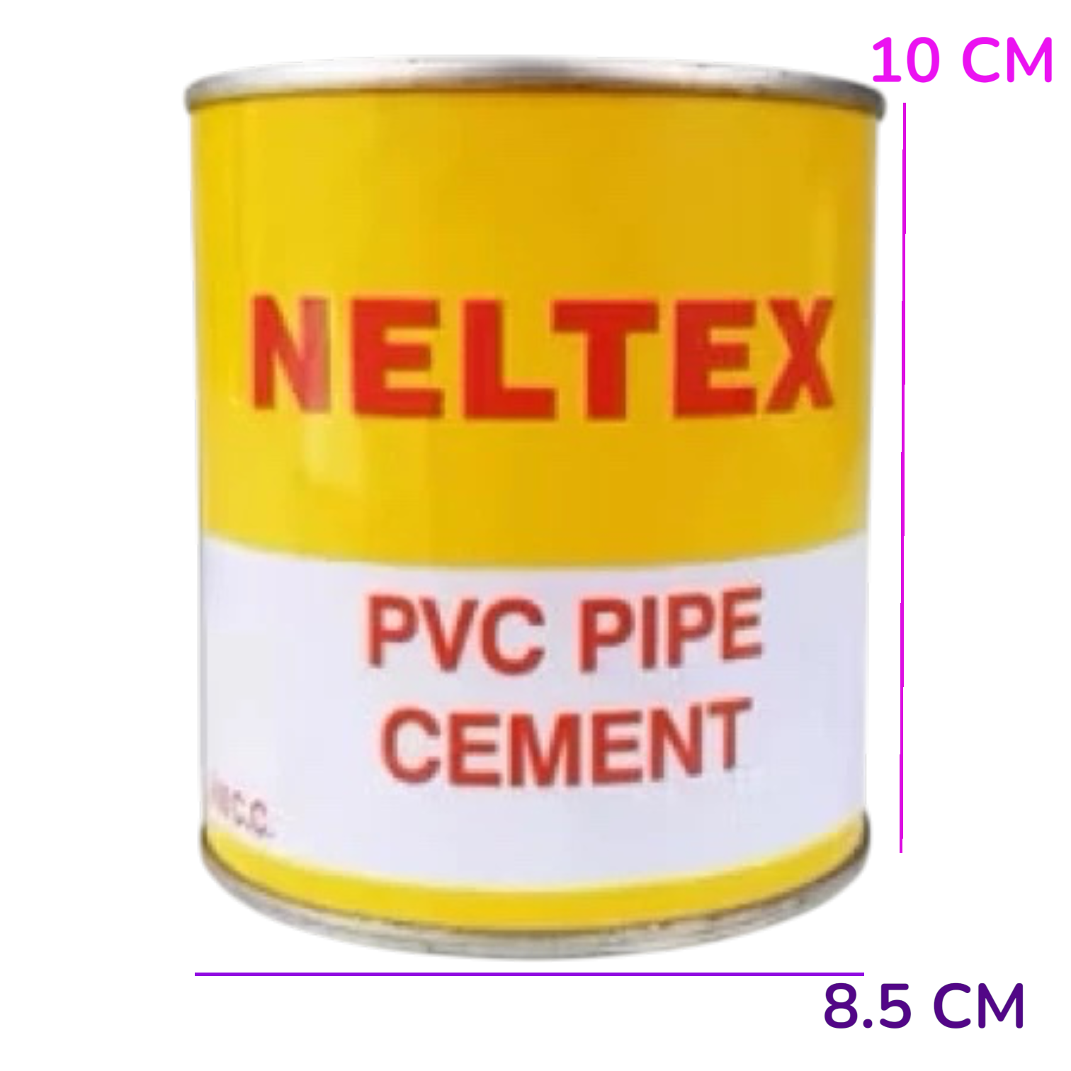 A yellow and white can of Neltex PVC Pipe Cement with purple dimension lines indicating a height of 10 cm and a width of 8.5 cm, on a plain white background.