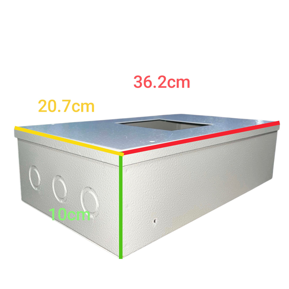 A metal electrical junction box shown on a white background with colored dimension lines and text indicating 36.2cm, 20.