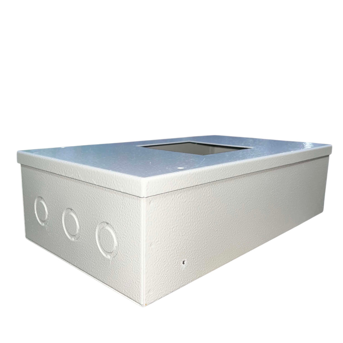 A rectangular metal junction box with a textured white finish, featuring three circular openings on the side and a recessed slot on the top lid, shown against a plain white background.