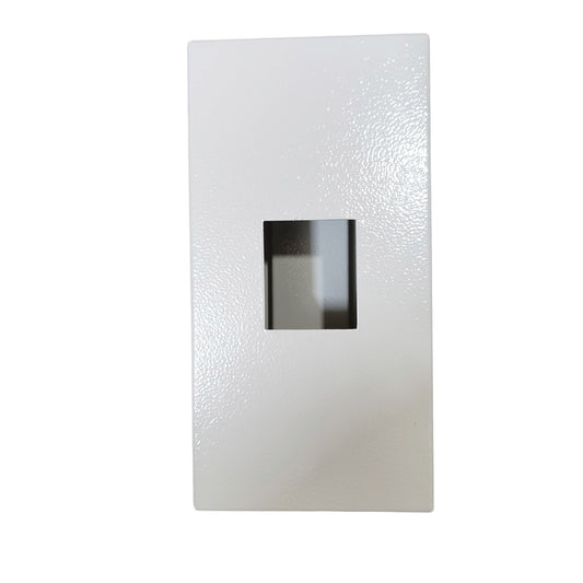 A white textured rectangular wall plate or cover with a square cutout in the center, shown against a plain white background.