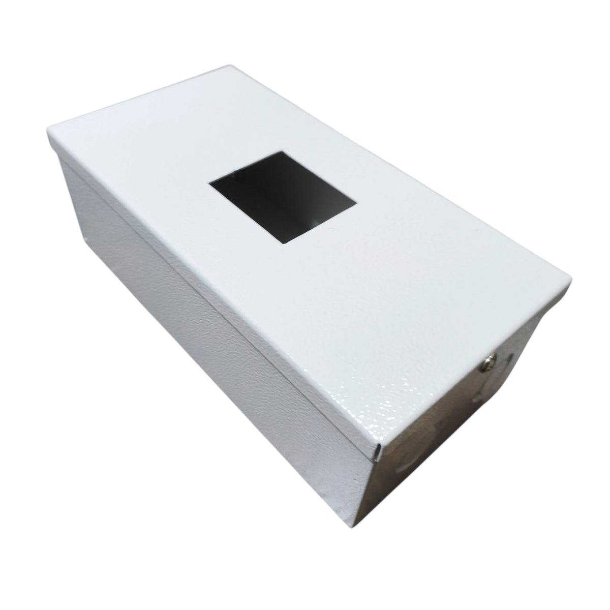 A white rectangular metal box with a textured finish, featuring a square cutout on the lid and a small lock on the side, shown on a plain white background.