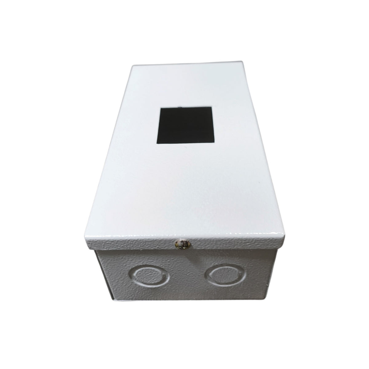 A white metal electrical junction box with a textured finish, featuring a square cutout on the lid and two circular openings on the front, shown on a plain white background.