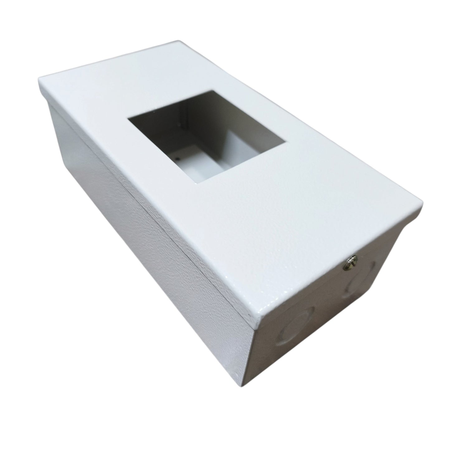A white textured metal junction box with a rectangular cutout on top, shown at an angle on a white background.