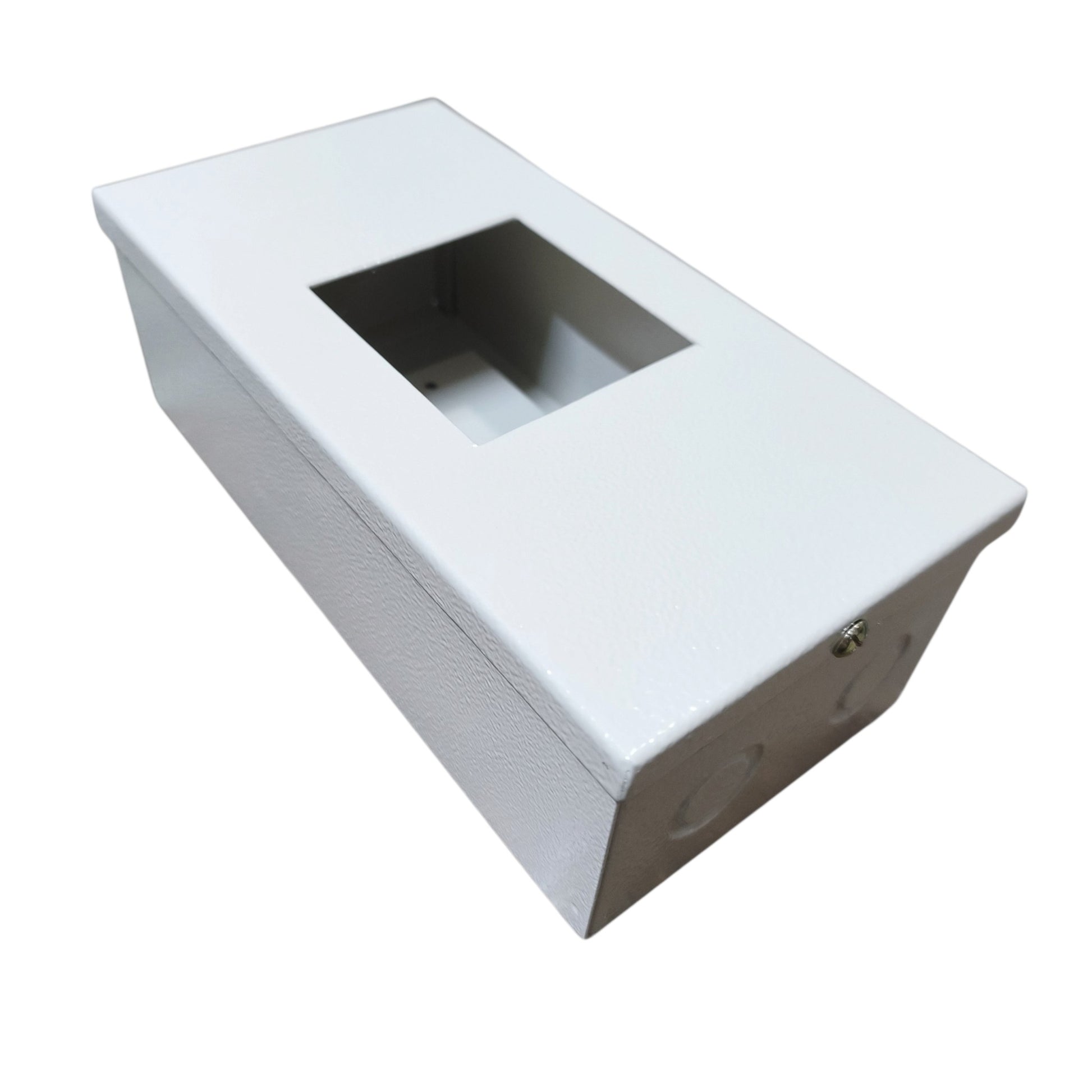A white textured metal junction box with a rectangular cutout on top, shown at an angle on a white background.