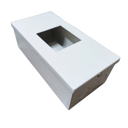 A white textured metal junction box with a rectangular cutout on top, shown at an angle on a white background.