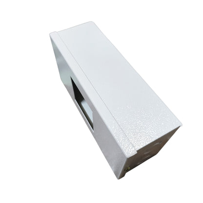 A white rectangular textured plastic or metal box with a recessed rectangular cutout on one side, shown at an angle on a plain white background.