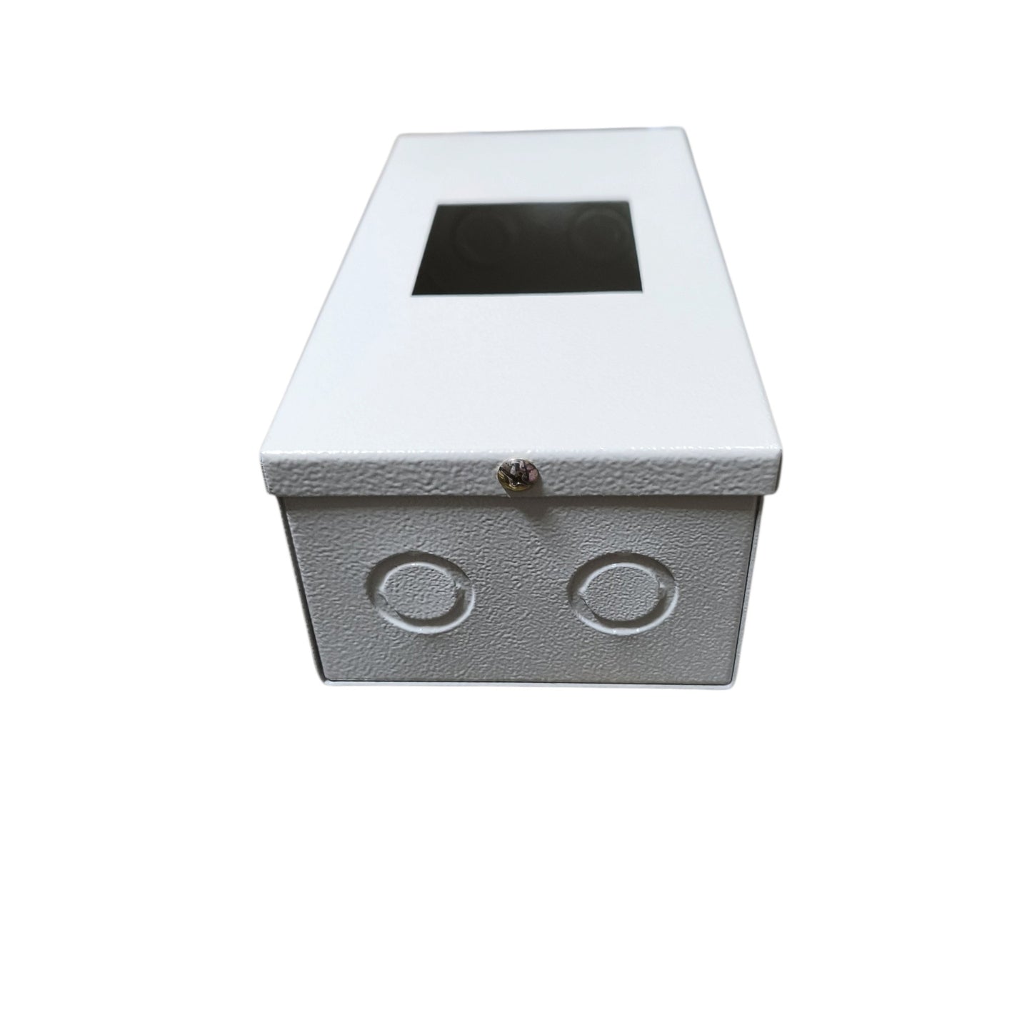 A white textured metal junction box with a square cutout on the lid, a small lock on the front, and two circular entry terminals, shown on a plain white background.