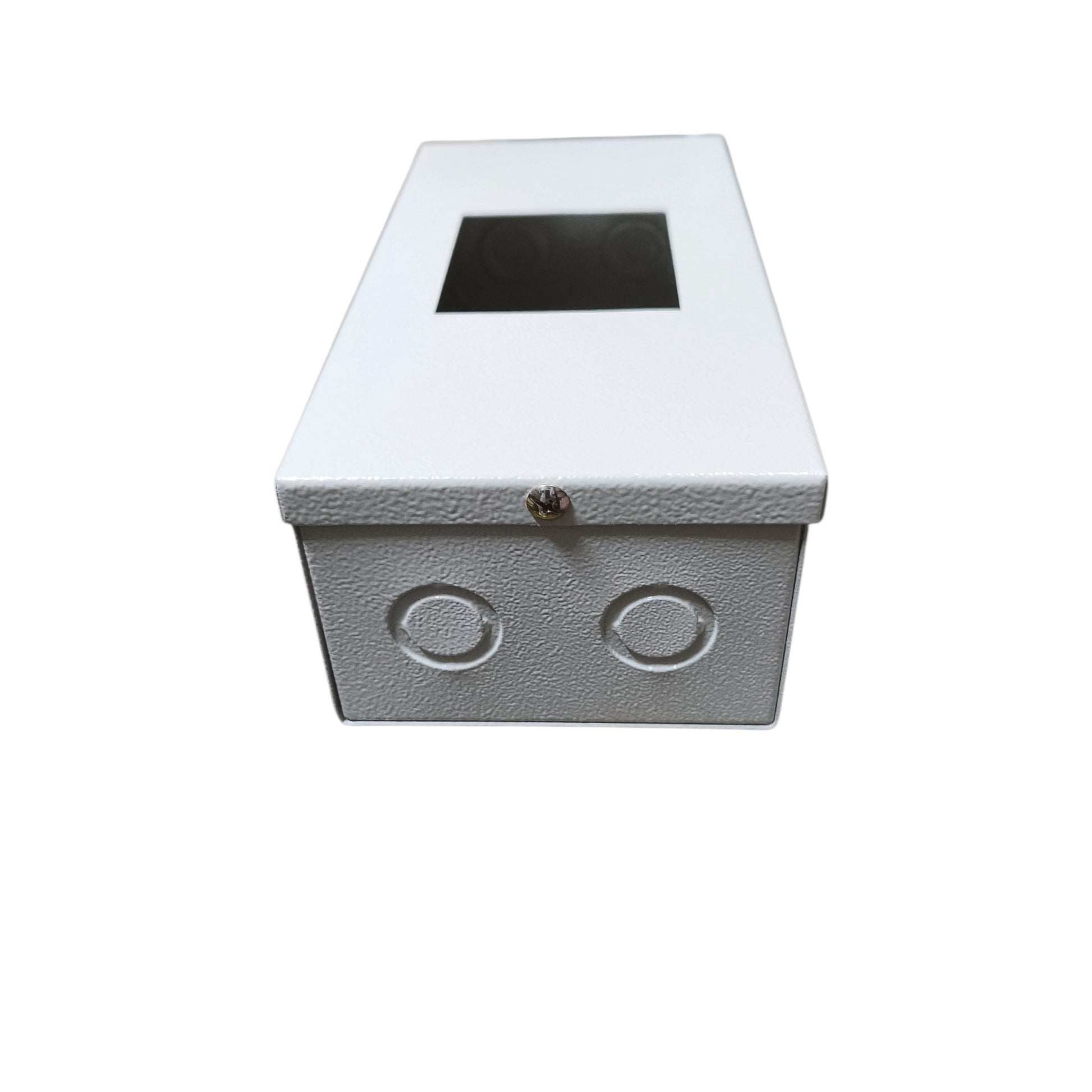 A white textured metal junction box with a square cutout on the lid, a small lock on the front, and two circular entry terminals, shown on a plain white background.