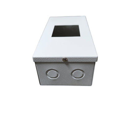 A white textured metal junction box with a square cutout on the lid, a small lock on the front, and two circular entry terminals, shown on a plain white background.