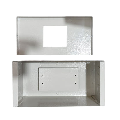 A silver metal electrical junction box shown in two views: the top view displays a square cutout for a connector, and the bottom view shows the interior with screw holes and mounting slots.