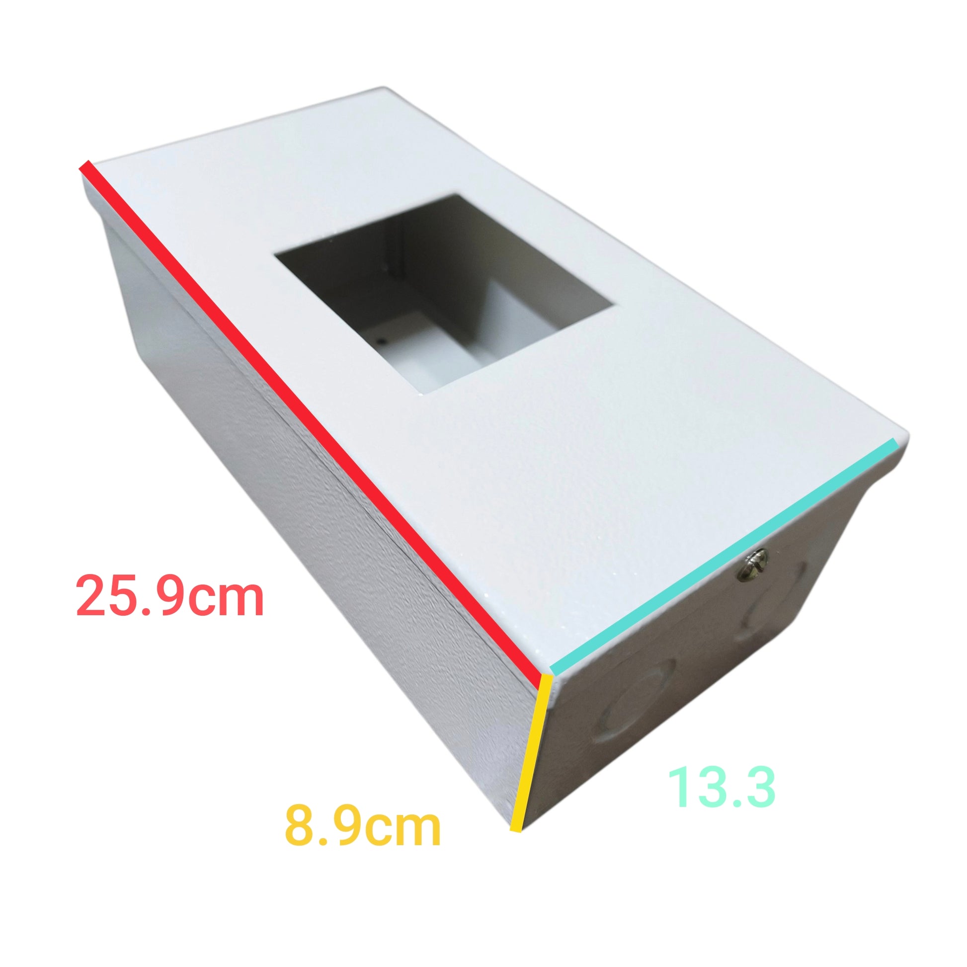A white rectangular metal electrical junction box or wall outlet enclosure shown at an angle on a white background, with colored dimension lines and text indicating measurements of 25.9 cm, 8.