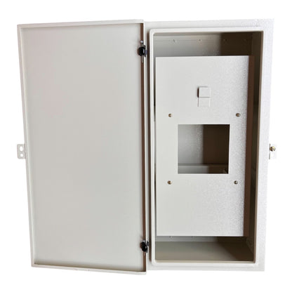 A white electrical distribution cabinet with the door open, showing an internal panel tray and mounting brackets on the side.