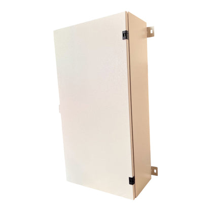 A cream-colored metal electrical junction box with a textured finish, featuring two black hinges on the front door and two mounting brackets on the side, shown against a plain white background.