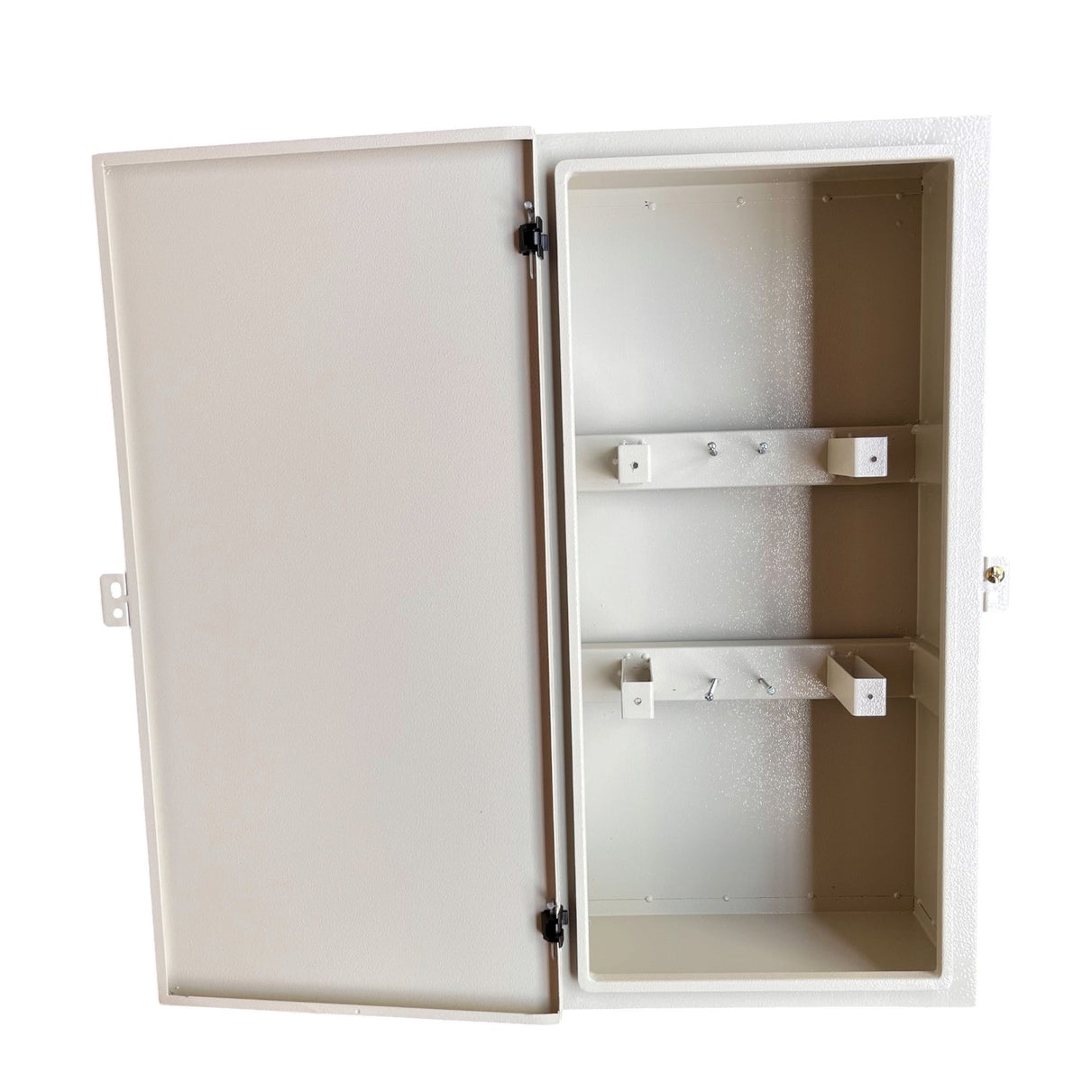 An off-white metal utility cabinet with its door swung open, showing two adjustable mounting brackets inside the compartment.