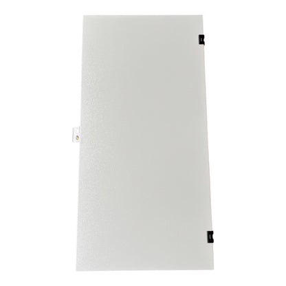 A rectangular white textured panel or door with small black hardware clips at the top right and bottom right, shown on a plain white background.