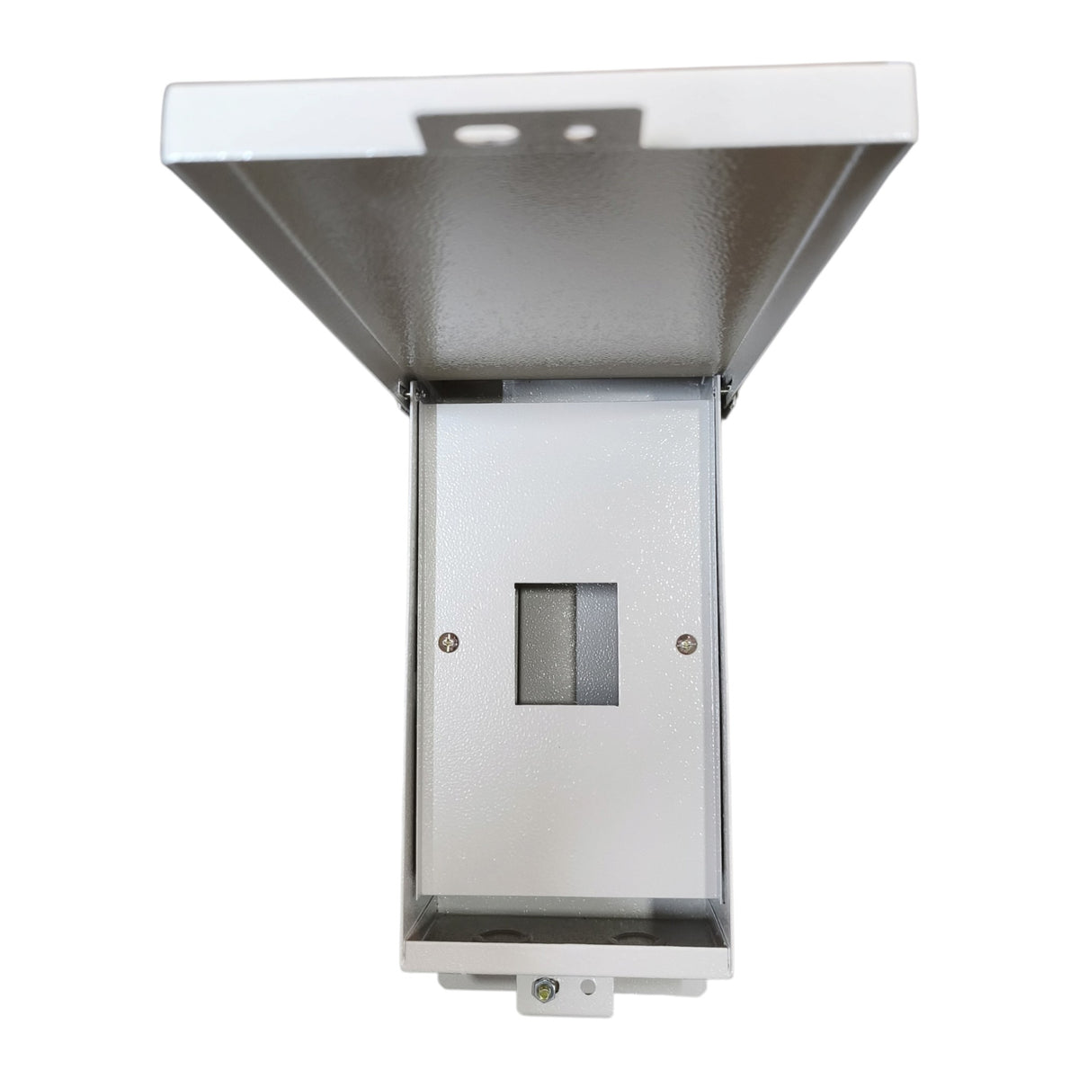 A silver metal electrical junction box with an open top cover, shown against a plain white background.