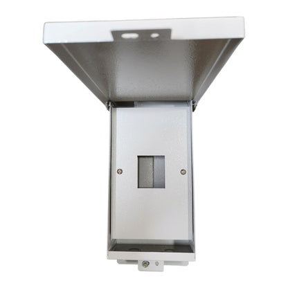A silver metal electrical junction box with an open top cover, shown against a plain white background.