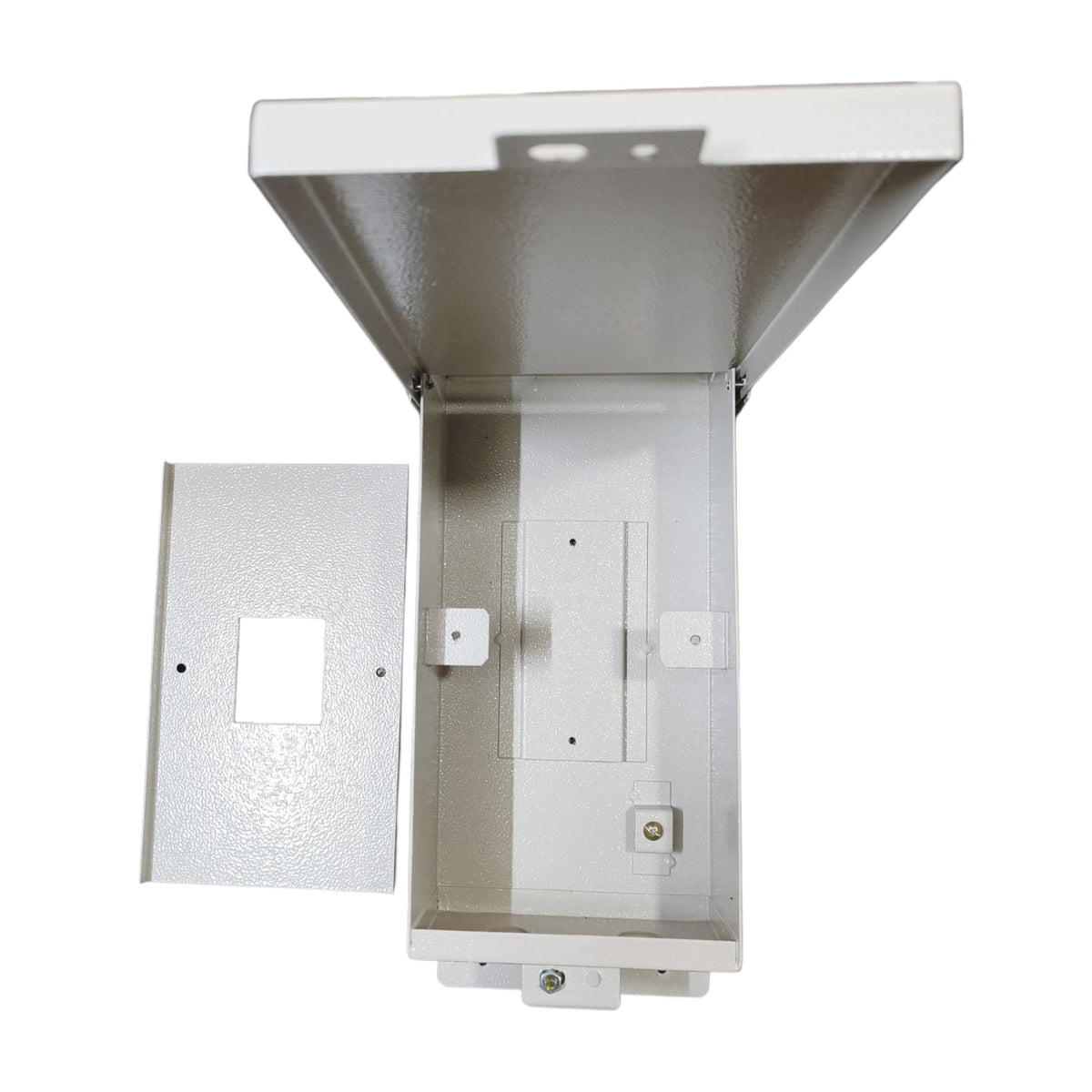 A white metal electrical junction box with its door open, showing the interior mounting brackets and connection points, isolated on a white background.