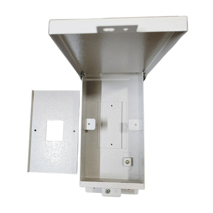 A white metal electrical junction box with its door open, showing the interior mounting brackets and connection points, isolated on a white background.