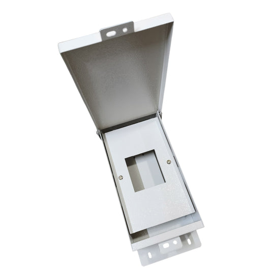 A white metal electrical junction box with an open hinged lid, featuring a central rectangular cutout and mounting brackets on the bottom, shown on a plain white background.