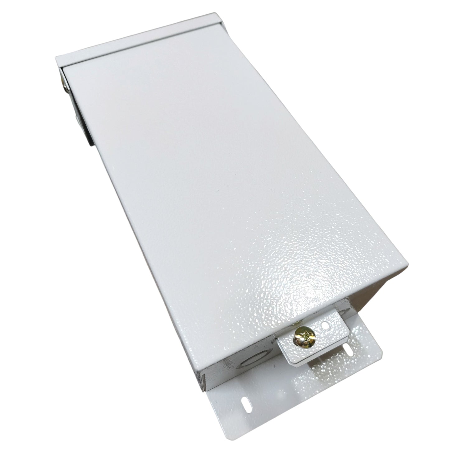 A white metal electrical junction box with a textured finish, featuring a mounting bracket and a gold-colored screw on a clean white background.