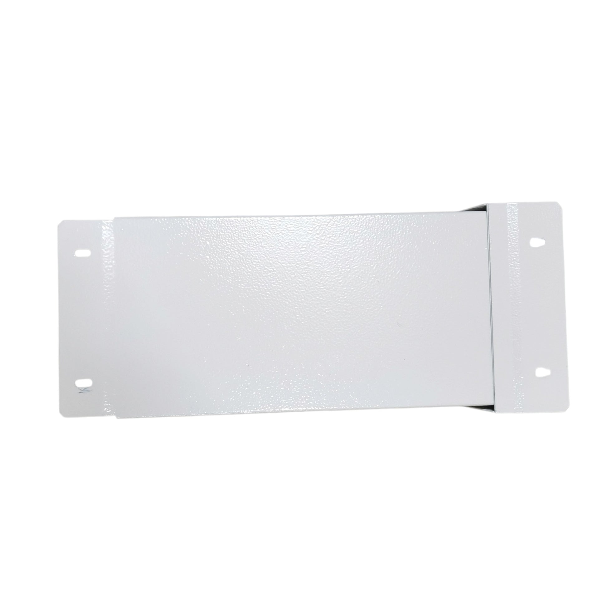 A white metal mounting bracket with pre-drilled screw holes on both ends, shown against a plain white background.