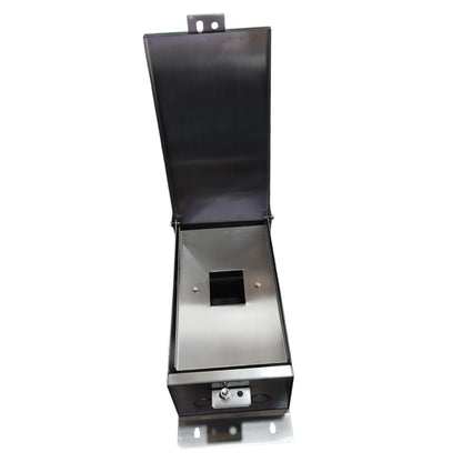 A brushed stainless steel and black metal electrical junction box with an open top lid, shown on a plain white background.