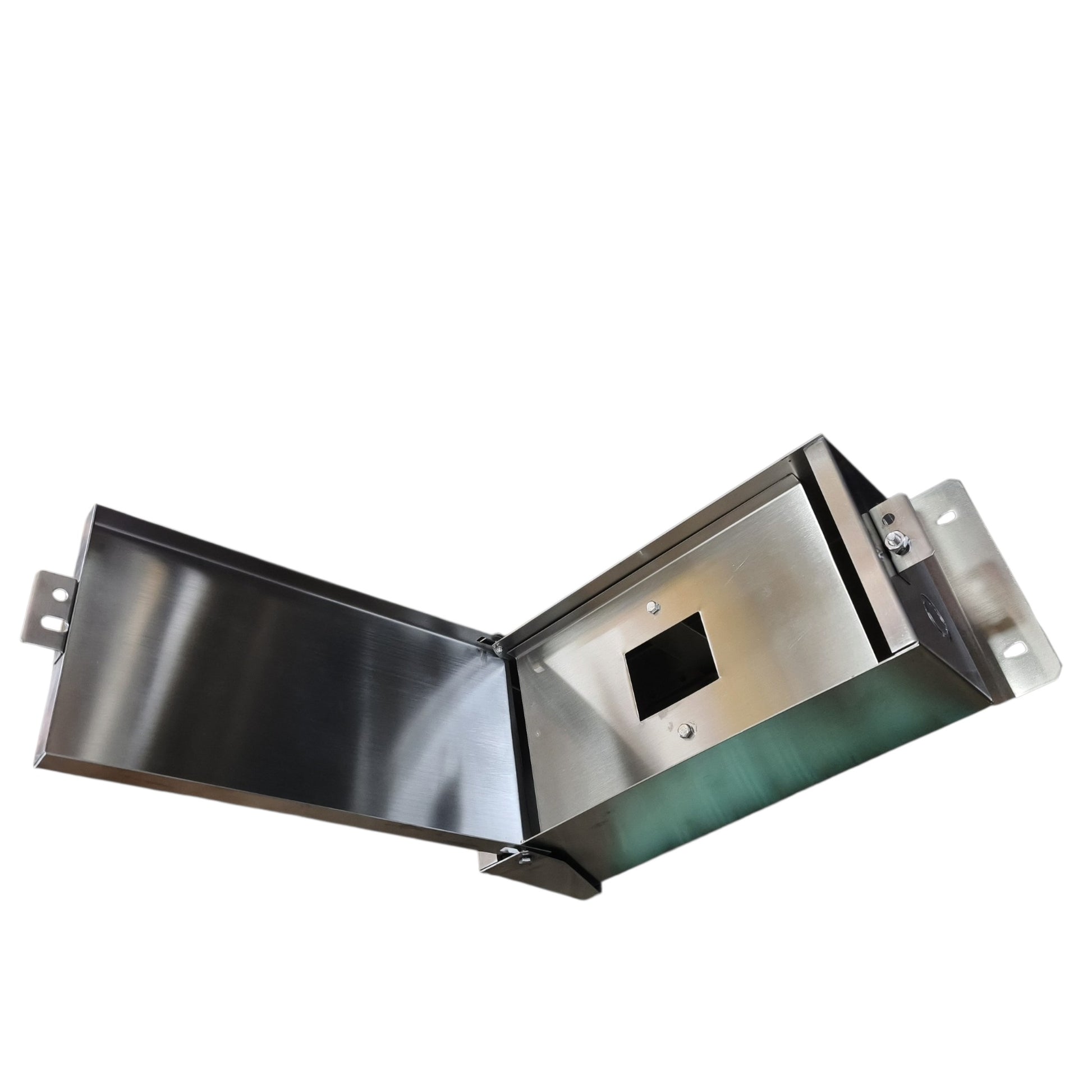 A stainless steel electrical junction box with an open top cover, showing a black terminal block and mounting brackets on a white background.