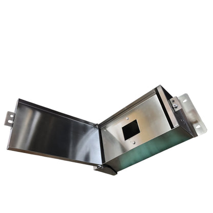 A stainless steel electrical junction box with an open top cover, showing a black terminal block and mounting brackets on a white background.