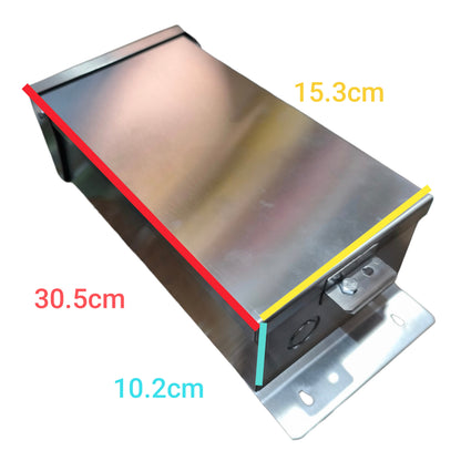 A stainless steel metal box with dimension labels showing 30.5cm, 15.3cm, 10.2cm, and 10.2cm on a white background.