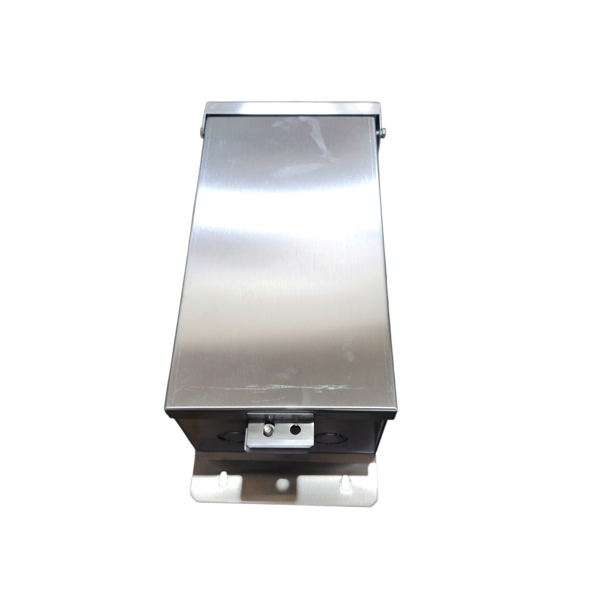 A rectangular stainless steel metal box with a brushed finish, featuring a mounting bracket at the bottom and a latch mechanism on the front, isolated on a white background.