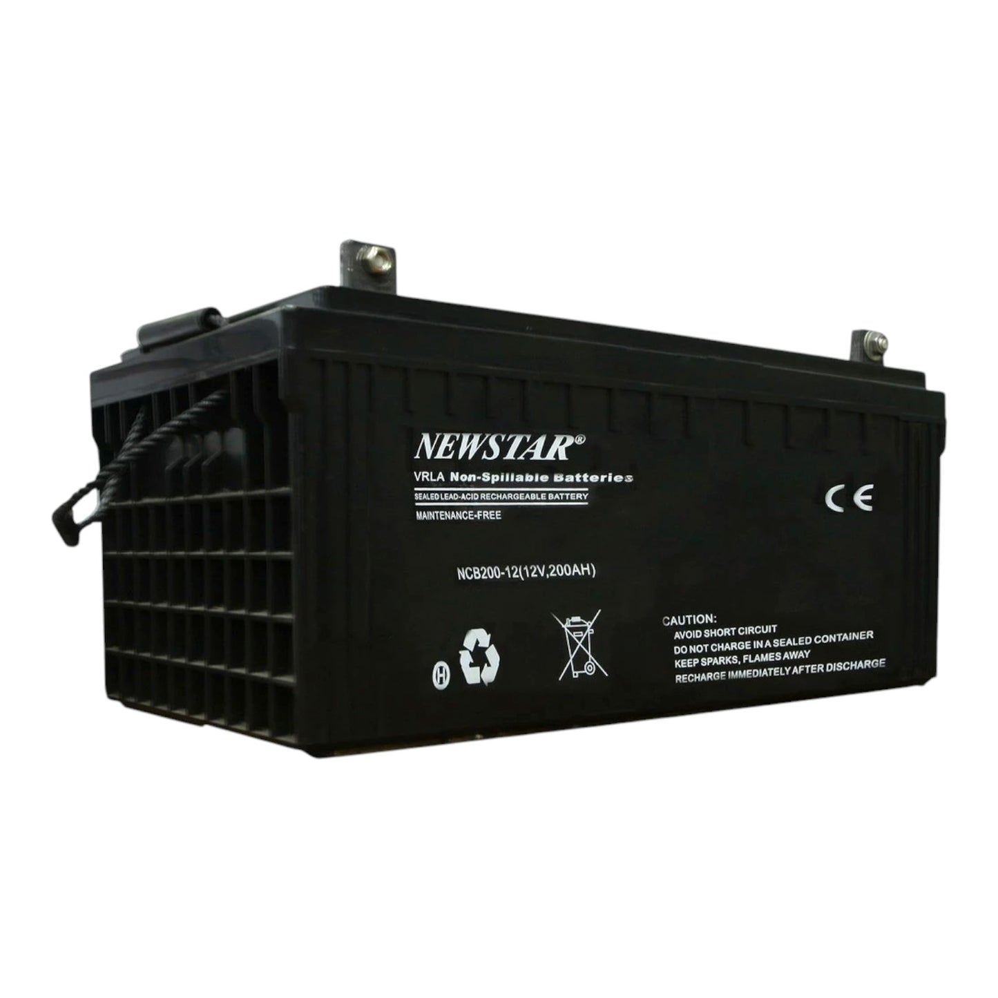 A black Newstar VRLA Non-Spillable battery, model NC200-12(12V/200AH), shown at a three-quarter angle on a plain white background.