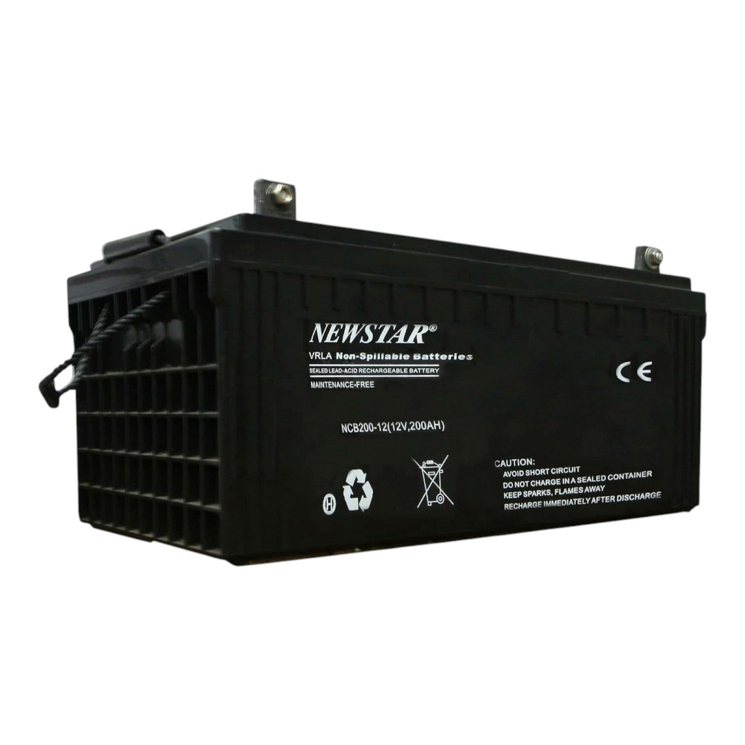A black Newstar VRLA Non-Spillable battery, model NC200-12(12V/200AH), shown at a three-quarter angle on a plain white background.