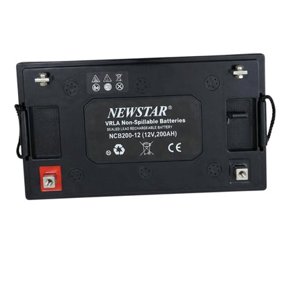 A NEWSTAR VRLA Non-Spillable Battery, model NCB200-12 (12V, 200AH), shown from the back against a plain white background.