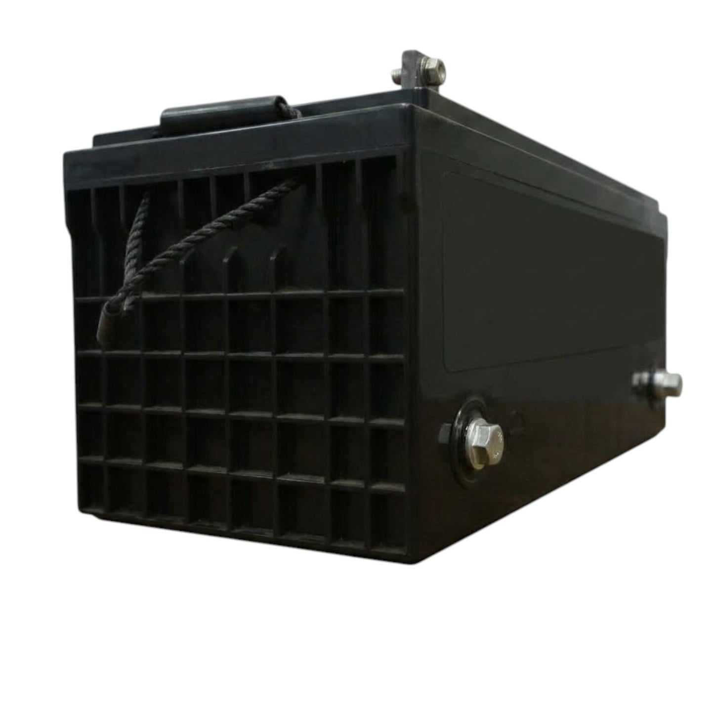 A black rectangular industrial battery with a ribbed front, carrying handle, and metal terminal caps on a white background.